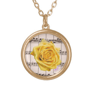 Yellow Rose and Music Gold Round Necklace
