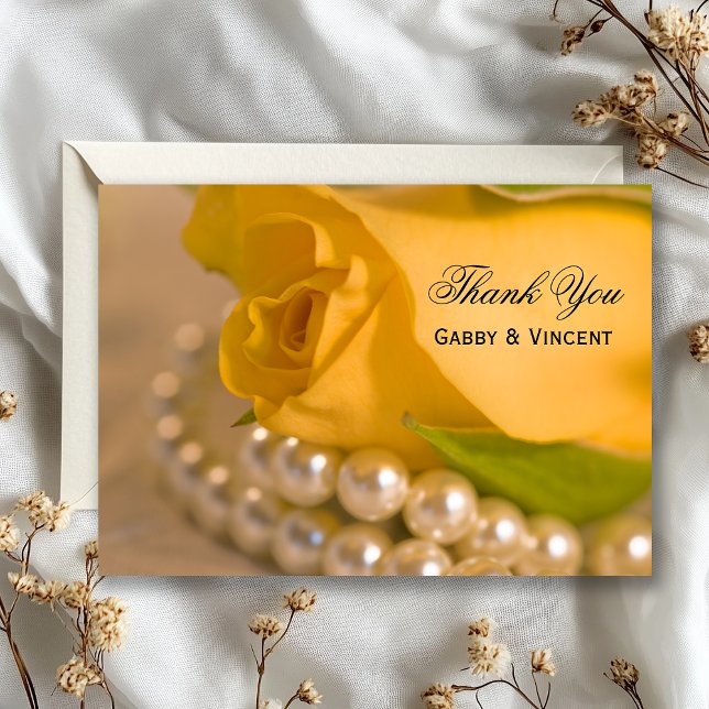 Yellow Rose and Pearls Wedding Flat Thank You Note Card (Creator Uploaded)