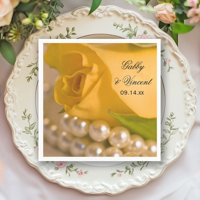 Yellow Rose and White Pearls Wedding Paper Napkins (Creator Uploaded)