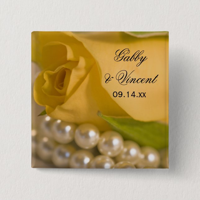 Yellow Rose and White Pearls Wedding Pinback Button (Front)