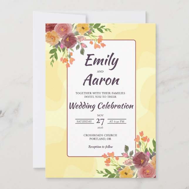 Yellow Rose Autumn Boho Floral Watercolor Wedding Invitation (Front)
