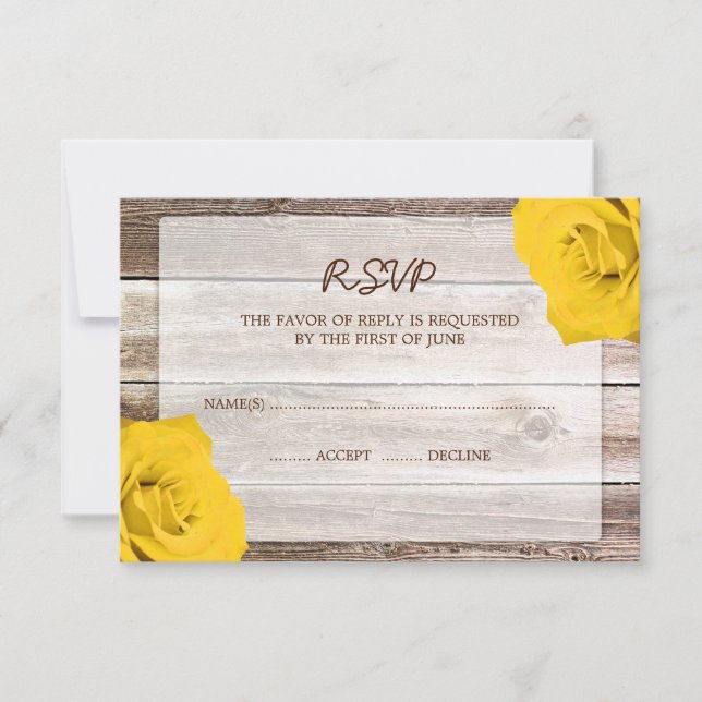 Yellow Rose Barn Wood Wedding RSVP Response Card (Front)