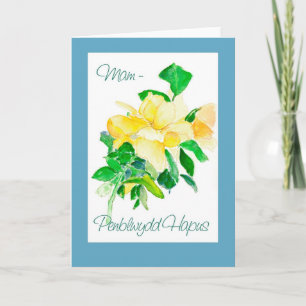Yellow Rose Birthday Card for Mam: Welsh Greeting