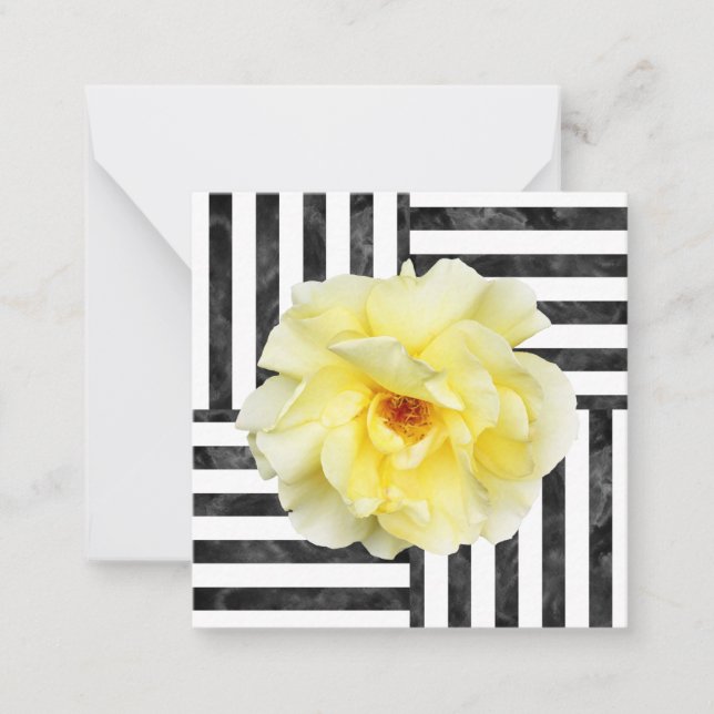 Yellow Rose Black and White Stripes Note Card (Front)