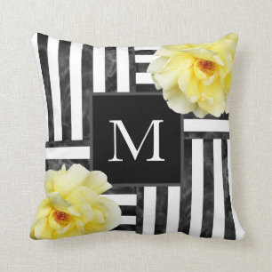 Yellow Rose Black and White Stripes Throw Pillow