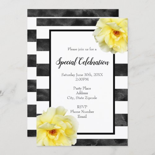 Yellow Rose Black and White Watercolor Stripes Invitation