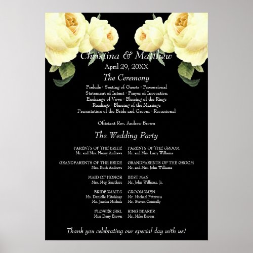 Yellow Rose black vintage Wedding Ceremony Program Poster