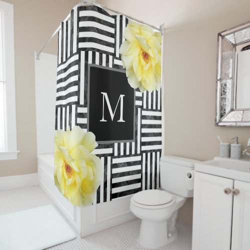 Yellow Rose Black White Watercolor Block Stripes Shower Curtain