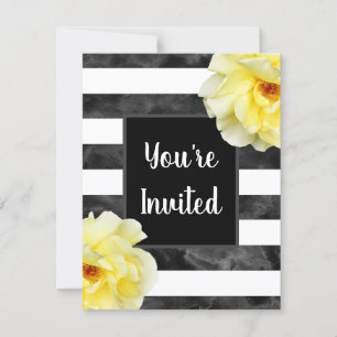 Yellow Rose, Black White Watercolor Stripes Invitation