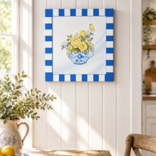 Yellow Rose Blue and White Teapot Checkered Border Poster