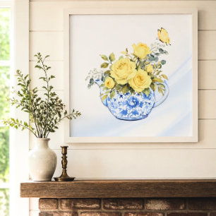Yellow Rose Blue and White Teapot Poster
