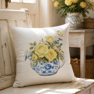 Yellow Rose Blue and White Teapot Throw Pillow