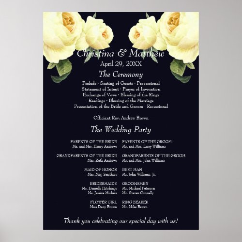 Yellow  Rose blue vintage Wedding Ceremony Program Poster