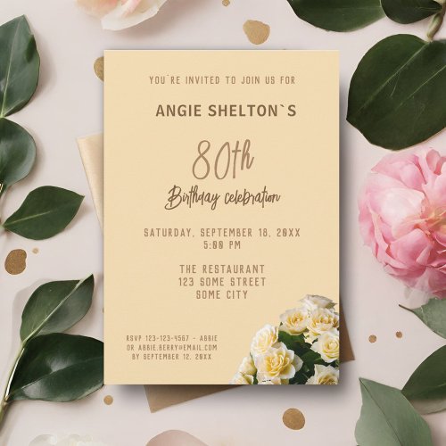 Yellow Rose Bouquet 80th Birthday Floral Party  Invitation