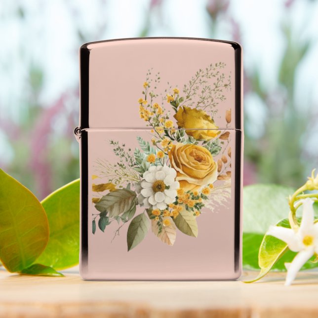 Yellow rose bouquet on rose gold zippo lighter (On Table)