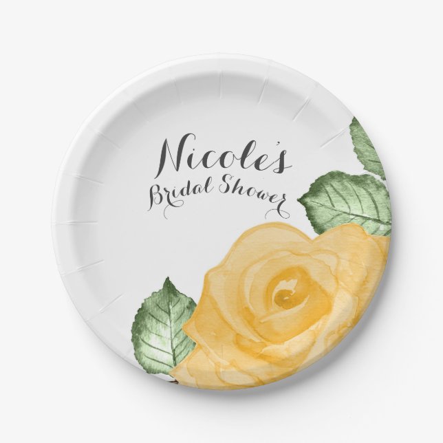 Yellow Rose Bridal Shower Elegant Party Wedding Paper Plates (Front)