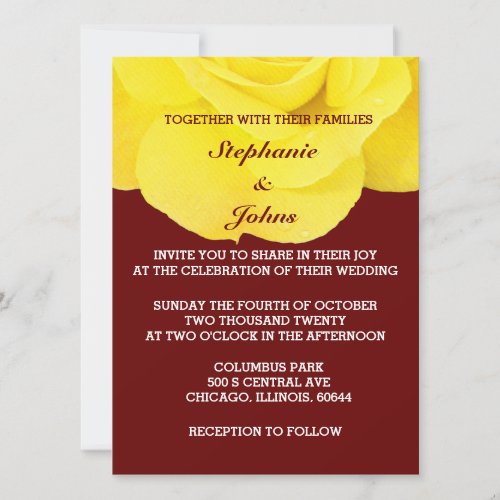 Yellow Rose Burgundy Red Maroon Floral Wedding Invitation