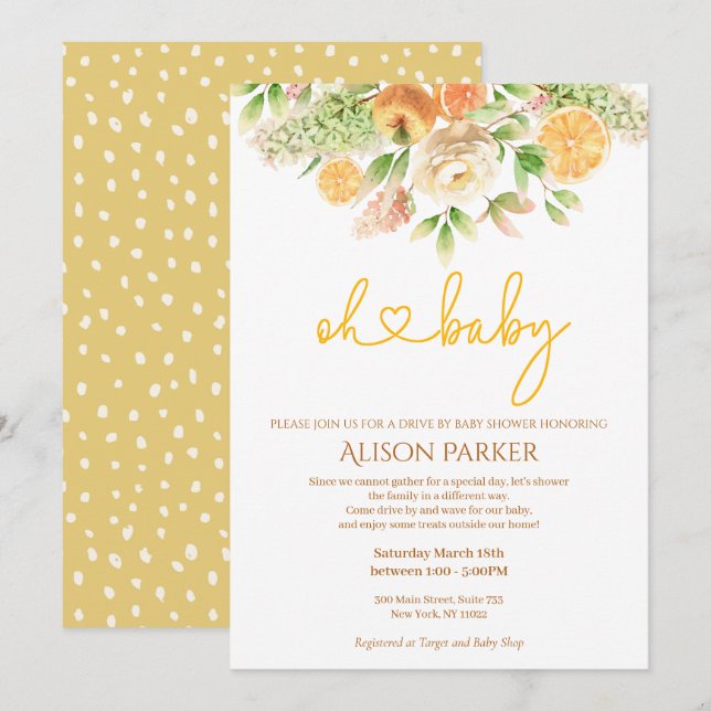Yellow Rose Citrus Floral Drive By Baby Shower Invitation (Front/Back)