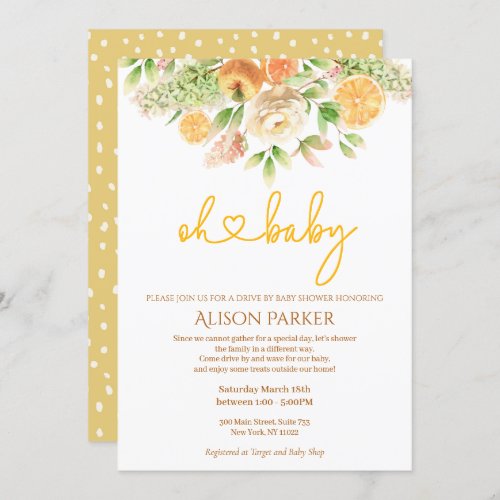 Yellow Rose Citrus Floral Drive By Baby Shower Invitation