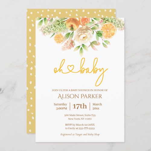 Yellow Rose Citrus Floral Elegant Girl Baby Shower Invitation