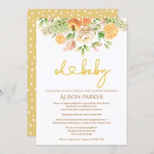 Yellow Rose Citrus Floral Girl Virtual Baby Shower Invitation