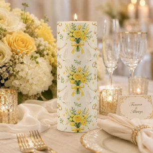 Yellow Rose Dove Wedding Pillar Candle