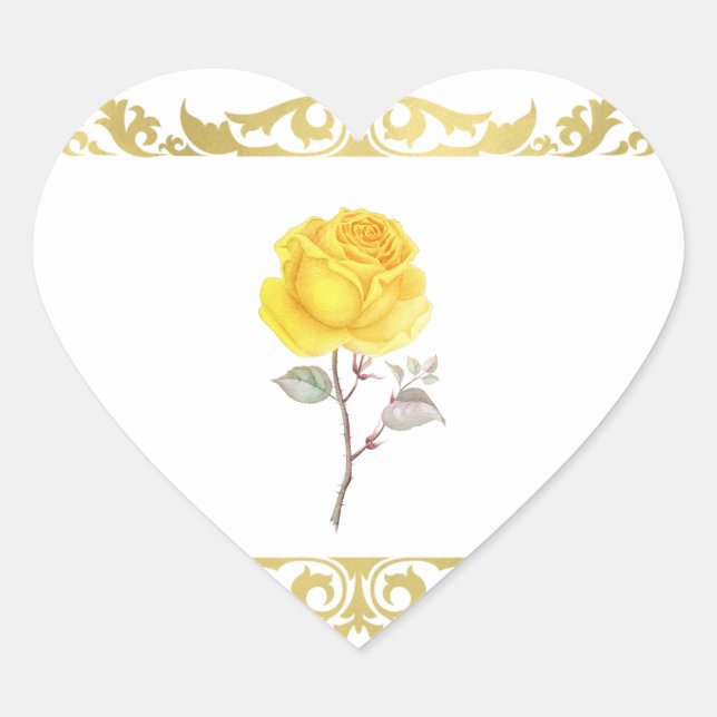 Yellow Rose & Elegant Gold Birthday Party Favor Heart Sticker (Front)