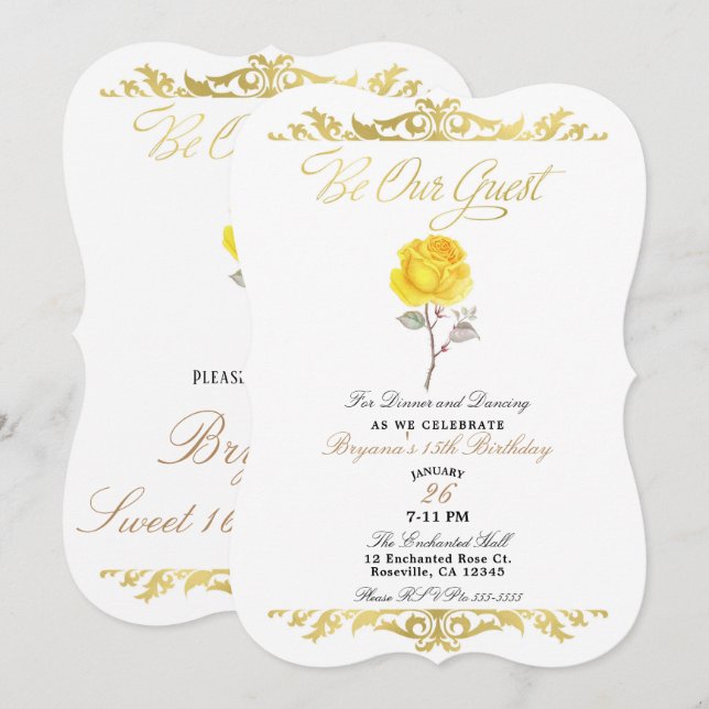 Yellow Rose & Elegant Gold Birthday Party Invitation (Front/Back)