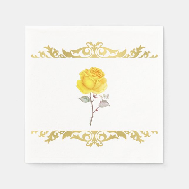 Yellow Rose & Elegant Gold Birthday Party Napkins (Front)