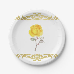 Yellow Rose & Elegant Gold Birthday Party Paper Plates