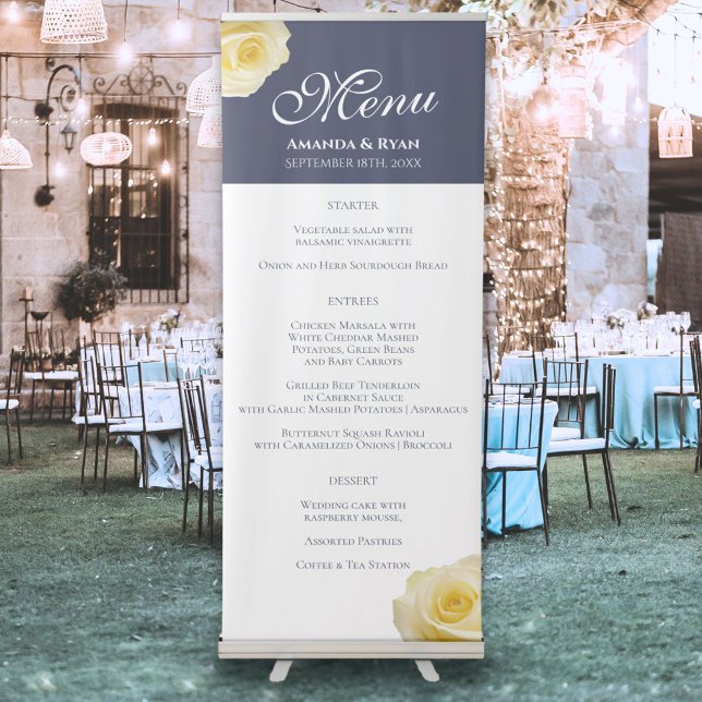 Yellow Rose Elegant Navy Blue Wedding Menu Retractable Banner (Creator Uploaded)