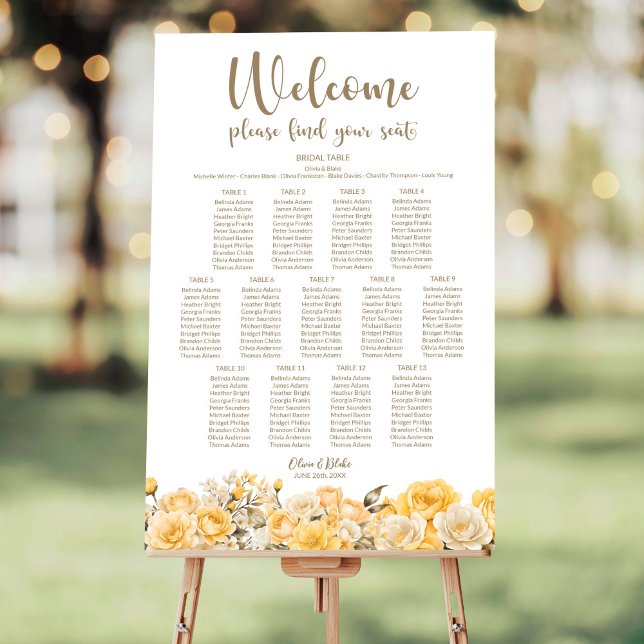 Yellow Rose Floral 13 Table Wedding Seating Chart Foam Board (Creator Uploaded)