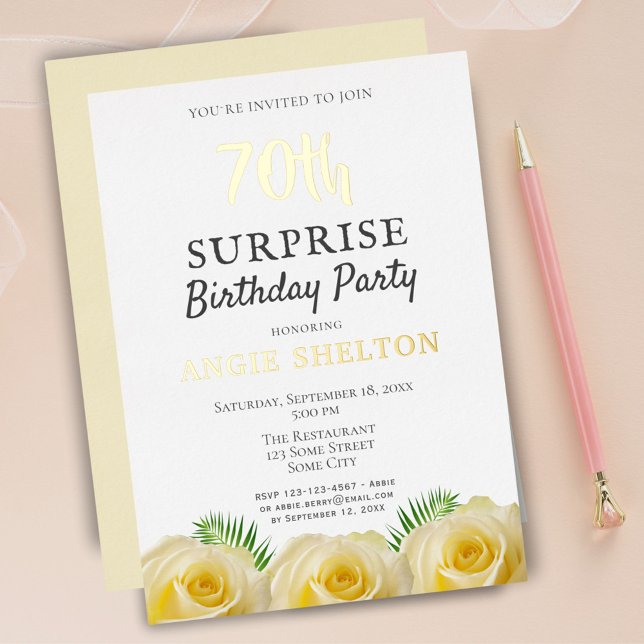 Yellow Rose Floral 70th Surprise Birthday Party Foil Invitation (Creator Uploaded)