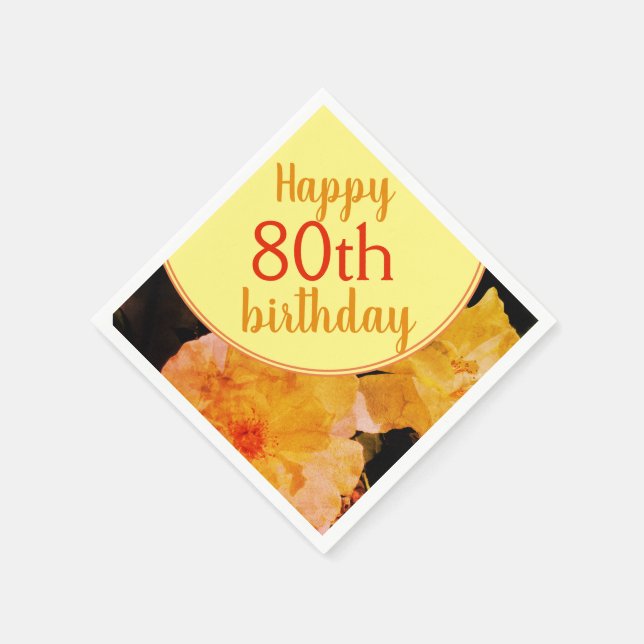 Yellow Rose Floral 80th Birthday Party Napkins (Corner)