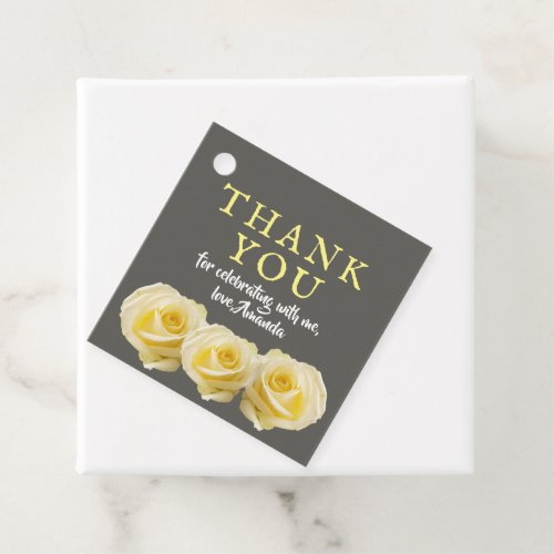 Yellow Rose Floral Birthday Thank you Photo Favor Tags - Yellow Rose Floral Birthday Thank you Photo Favor Tags. Beautiful yellow roses. The background is chalkboard grey. The text is in white and yellow colors and is easily customizable -  personalize it with your message, name and your photo on the backside.