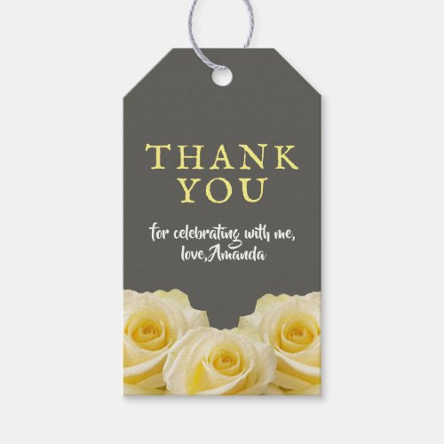 Yellow Rose Floral Birthday Thank you Photo Gift Tags - Yellow Rose Floral Birthday Thank you Photo Favor Tags. Beautiful yellow roses. The background is chalkboard grey. The text is in white and yellow colors and is easily customizable -  personalize it with your message, name and your photo on the backside. 