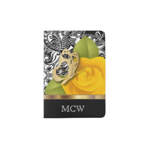 Yellow Rose Floral Design Monogram Passport Holder