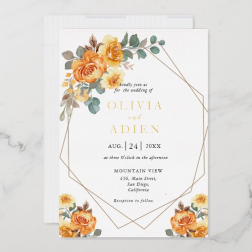 Yellow Rose Floral Geometric Wedding Foil Invitation