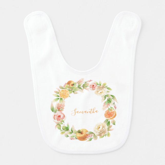 Yellow Rose Floral Greenery Baby Girl  Baby Bib (Front)