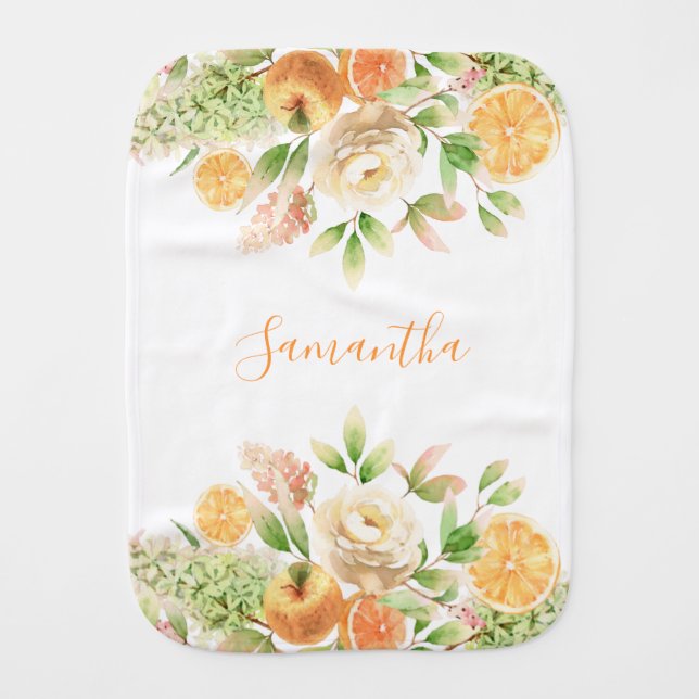Yellow Rose Floral Greenery Baby Girl  Baby Burp Cloth (Front)