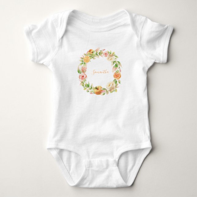 Yellow Rose Floral Greenery Girl Baby Shower Baby Bodysuit (Front)