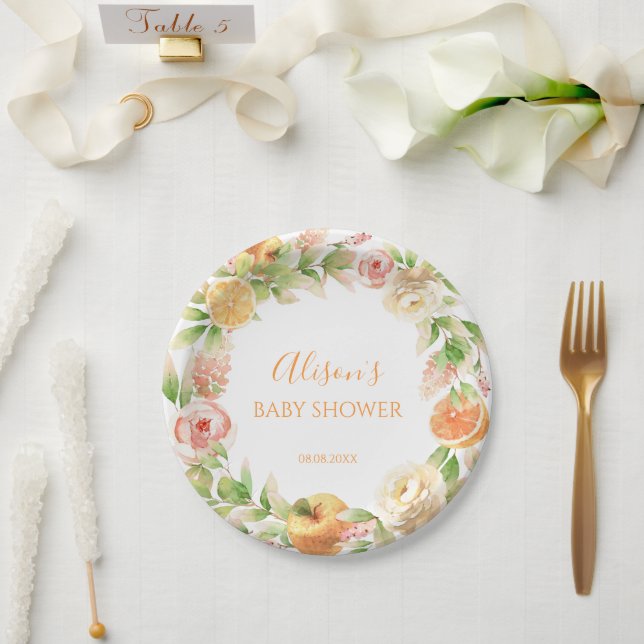 Yellow Rose Floral Greenery Girl Baby Shower Paper Plates (Wedding)