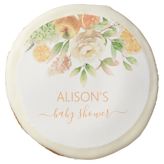 Yellow Rose Floral Greenery Girl Baby Shower Party Sugar Cookie (Front)