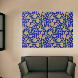 Yellow Rose Floral Pattern on Blue Rug