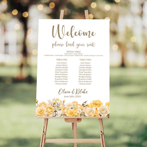 Yellow Rose Floral Two Table Wedding Seating Chart Foam Board
