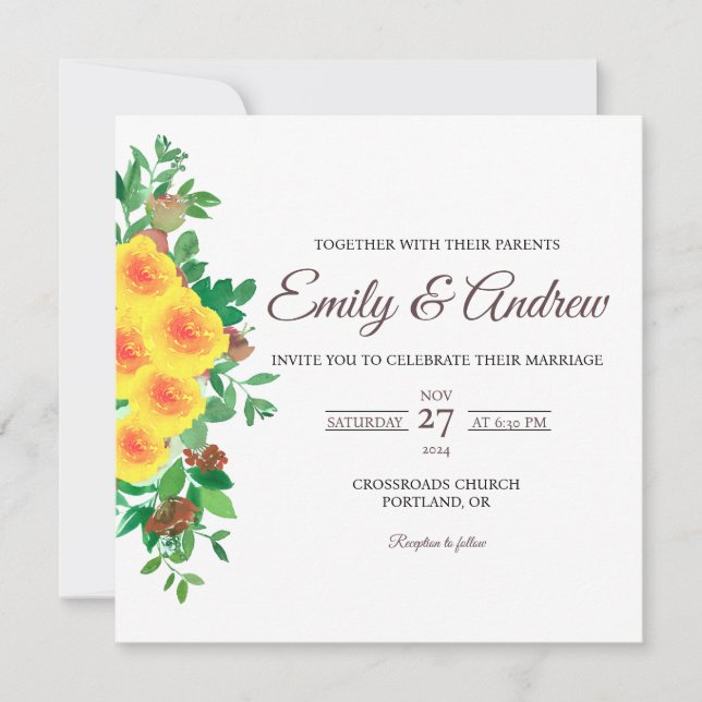 Yellow Rose Floral Watercolor Square Wedding Invitation (Front)