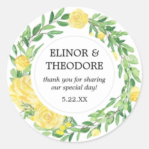 Yellow Rose Floral Wedding Thank You Classic Round Sticker