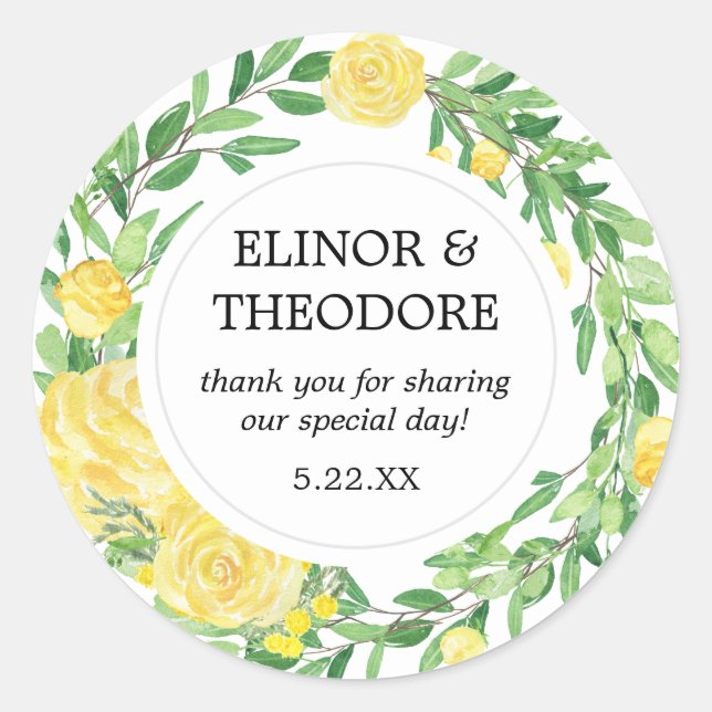 Yellow Rose Floral Wedding Thank You Classic Round Sticker (Front)