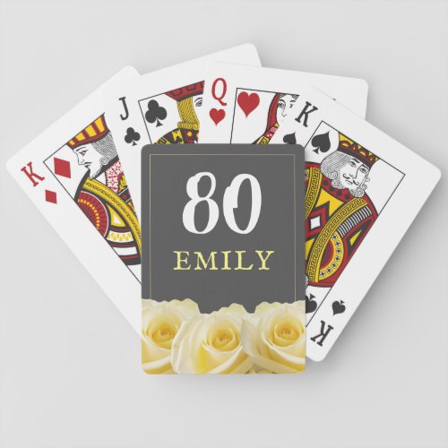 Yellow Rose Flower 80th Birthday Playing Cards - Yellow Rose Flower 80th Birthday Playing Cards. The design has beautiful yellow roses on a dark grey chalkboard background. You can change the age and name. Great gift idea for a woman who celebrates her eightieth birthday.