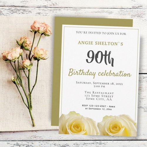 Yellow Rose Flower 90th Birthday Party Invitation